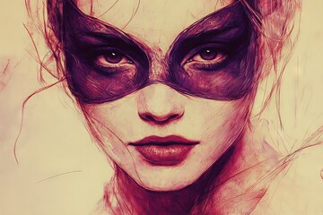 Mysterious masked woman with captivating eyes and artistic detail in vibrant color tones