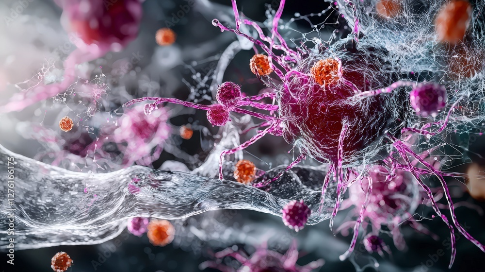 Poster conceptual insights on cellular communication in a dark microscopic environment a close-up illustrat
