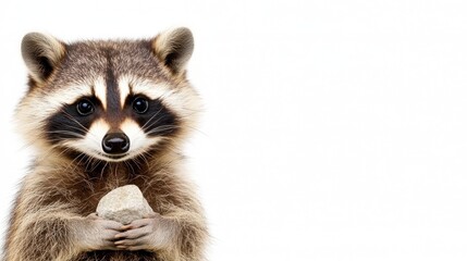 Fototapeta premium Close up portrait of an animal holding a small object, against a bright white background. The animal has dark eyes, a dark mask, and gray brown fur
