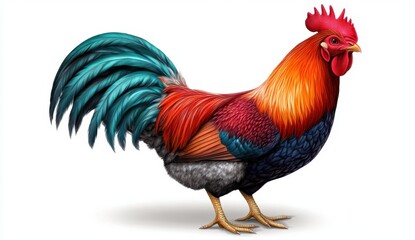 Fototapeta premium A vibrant rooster with iridescent blue tail feathers, warm orange neck plumage, and a red comb stands against a clean white backdrop, showcasing
