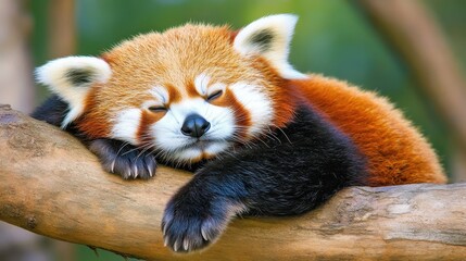 Obraz premium A small mammal rests peacefully on a tree branch. Close up view shows soft fur, an adorable face, and a relaxed posture. Natural light highlights the