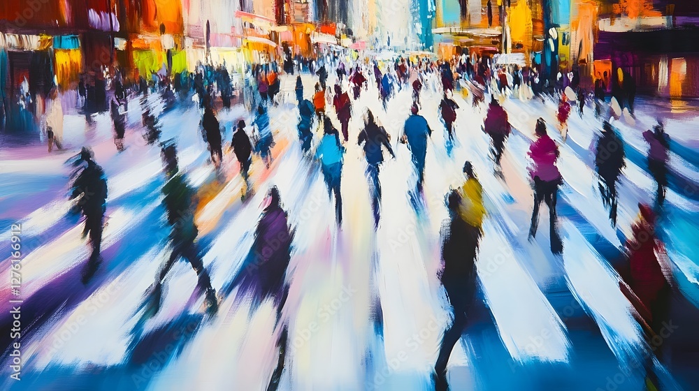 Fototapete blurred motion of a large crowd of people walking rushing and commuting on a busy vibrant and colorf