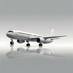 Obraz premium A white airplane in the process of landing, its landing gear fully extended as it approaches the runway. The aircraft is captured mid-air with a slight descent angle, engines humming, and a clear 