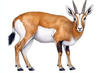 Fototapeta premium Full view of an antelope, light brownish orange and white coloration, standing straight on white background, showing its detailed body structure