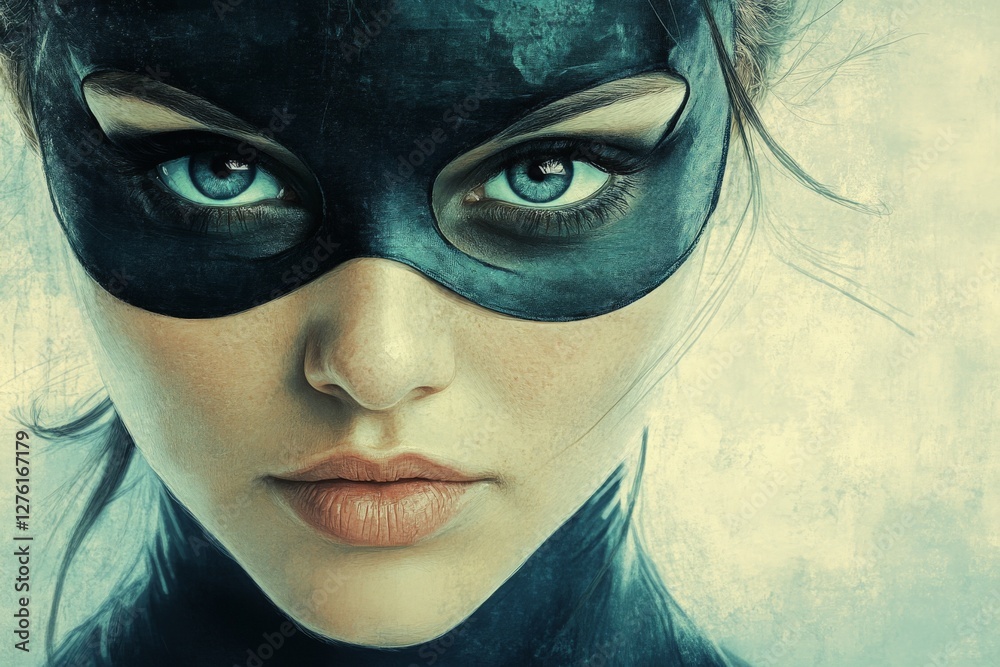 Poster mysterious character with striking eyes and a black mask in a captivating portrait