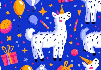 Naklejka premium Festive seamless pattern featuring white animals wearing party hats amidst confetti, balloons, and gifts on a vibrant blue background. Perfect for