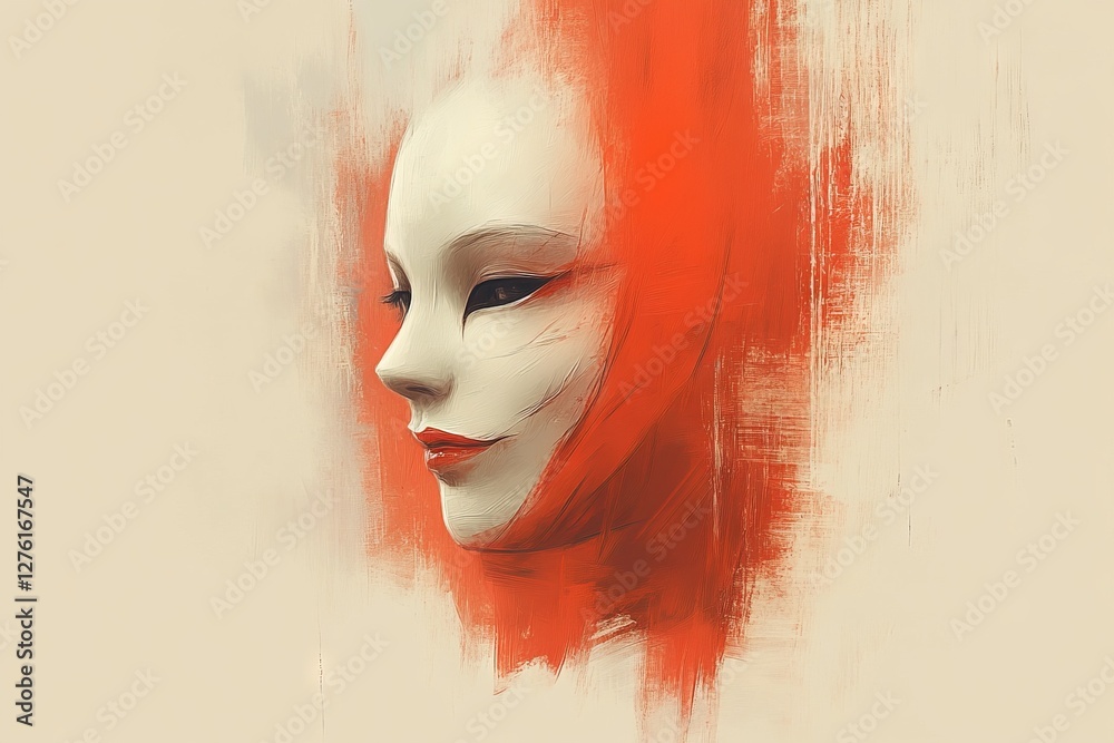 Poster contemporary art piece featuring a stylized face with vibrant red accents and smooth features, empha