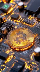 Close-up of a Bitcoin on a circuit board with glowing details.