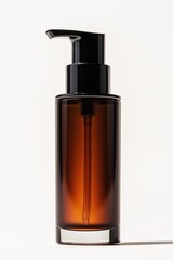 Elegant amber glass pump bottle for skincare or cosmetics, captured in soft lighting against a neutral background.