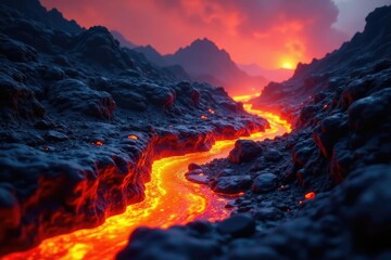 molten lava flows through dark volcanic rock formations, glow, magma, earthy tones