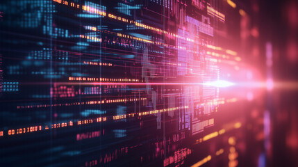 Obraz premium Abstract Representation of Coding Concept with Glowing Lines and Symbols, Gradient Lighting, Atmospheric Background