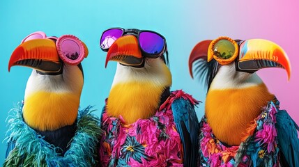 A group of toucan birds wearing funky, wacky, mismatched colorful outfits against a bright background. Advertisement, copy space