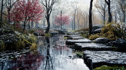 Tranquil spring landscape serene stream and soft aesthetic in nature's clean design
