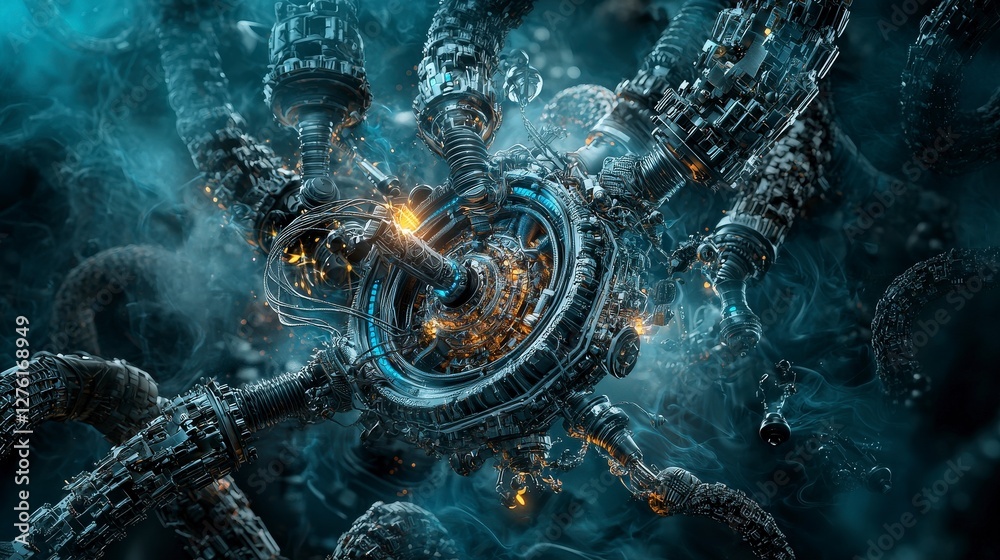 Poster Fluid transformations of technological dreams in a futuristic machinery landscape abstract art aerial view cyberspace