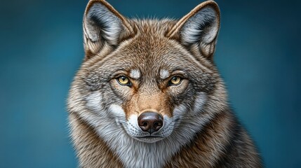 Obraz premium Close up portrait of a wild canine with intense golden eyes against a teal background. The animal's fur is detailed, showing variations in brown and
