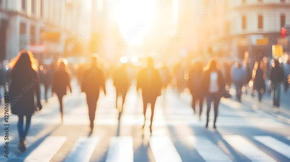 Poster blurred silhouettes of a large crowd of anonymous people walking on a busy city street with modern g