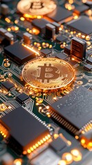 Close-up view of Bitcoin on a computer circuit board.