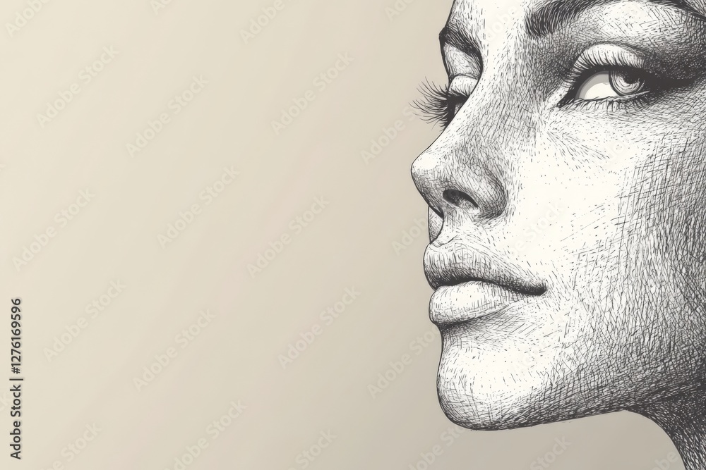 Poster detailed artistic portrait of a woman's profile showcasing intricate line work and delicate features