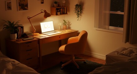 Obraz premium Cozy Bedroom Workspace at Night with Laptop and Warm Lighting