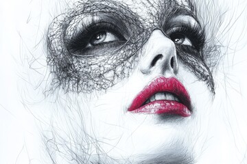Fototapeta premium Stunning portrait of a woman with intricate lace design and bold makeup conveying elegance and mystery
