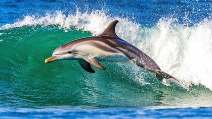 Naklejka premium A leaping marine mammal is captured over a vibrant teal ocean wave. Sunlight shimmers on the water's surface, illustrating an active, dynamic scene