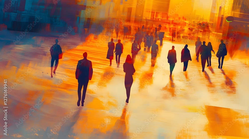Poster blurred silhouettes of people rushing through a busy urban scene in a fast paced technology driven c