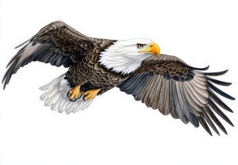 Fototapeta premium Majestic bird of prey in flight, brown and white plumage, powerful wings spread wide against a white background. Detailed feathers and intense gaze