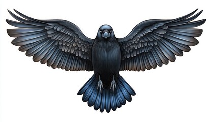 Fototapeta premium Detailed illustration of a large dark bird with wings outstretched, isolated on a white background. The bird is depicted with intricate details in