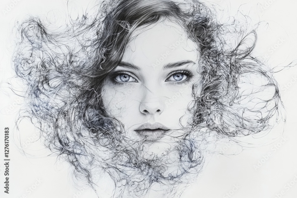 Poster Intricate sketch of a woman's face surrounded by flowing strands of hair and wisps adding an ethereal quality