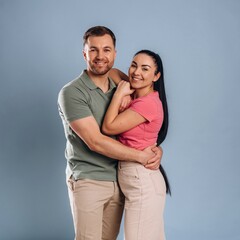 Embracing, standing and posing. Man and woman are in the studio