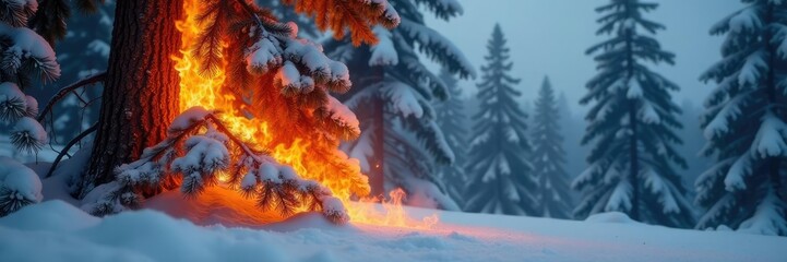Snow-covered evergreen tree engulfed by a roaring fire, winter, , smoke