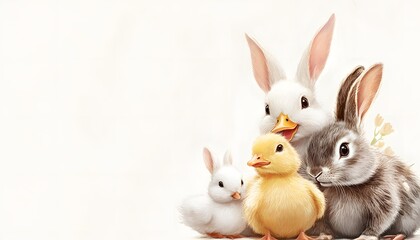 Obraz premium Charming illustration showcases adorable rabbits and duckling in pastel shades