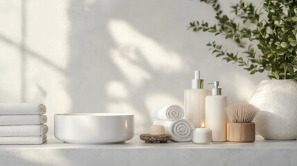 A serene spa and beauty product display scene featuring a blank white tabletop as a focal point, surrounded by various bath items
