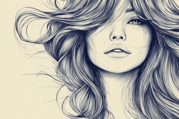 Beautiful portrait of a woman with flowing hair in a detailed illustration showcasing elegance and expression