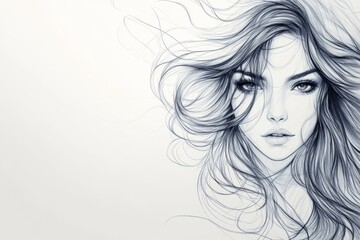 Fototapeta premium Captivating portrait of a woman with flowing hair showcasing intricate line art and expressive features