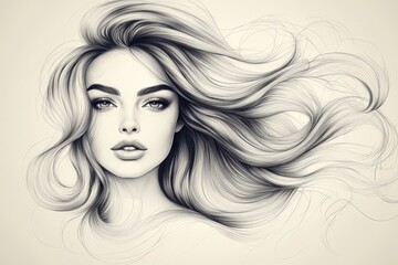Elegant portrait of a woman with flowing hair in soft black and white illustration capturing beauty and grace