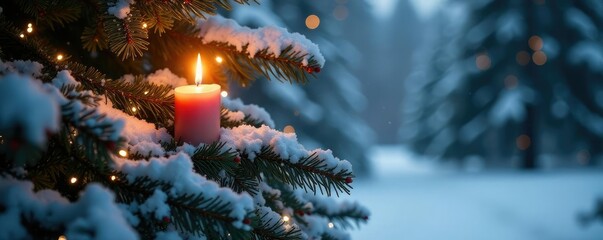 Snow-covered pine tree with sparkling Christmas candle, tree, winter