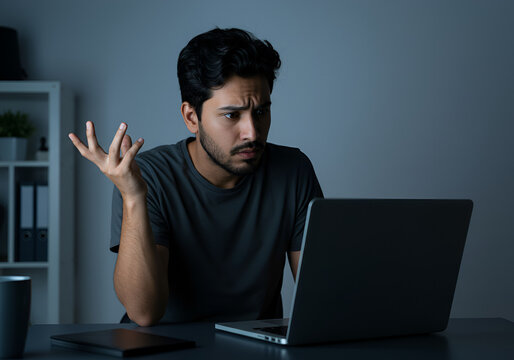 Concerned puzzled Latin freelance worker man looking at laptop with confused hand gesture. Frustrated worried computer user getting bad news, job technology failure, feeling shock, stress.