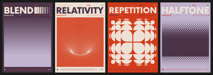 Modern abstract artwork collection, vector minimalistic posters with geometric shapes, brutalism style inspired graphic, bold Y2k futuristic aesthetic, form distortion effect, color set 9