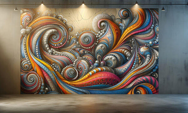 Riesiges Wandbild im Pasley Design mit Lichtspots in einem leeren Studio, copy space
