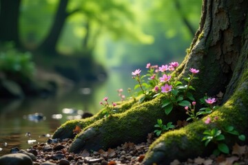 Obraz premium Tiny pink flowers blooming on the roots of an ancient tree near a river, pink flowers, wildflowers, blooms
