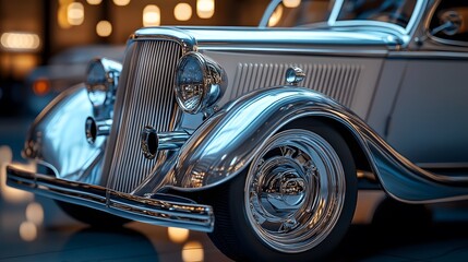 A gleaming vintage automobile boasts intricate chrome detailing and design