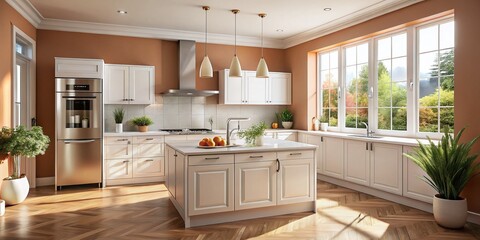 Elegant White Kitchen with Peach Walls & Large Window - Stock Photo