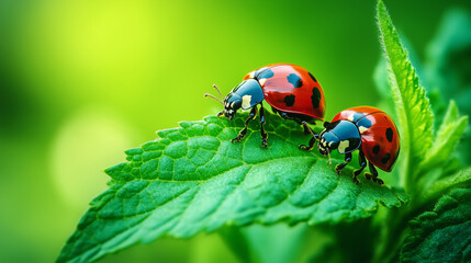 Fototapeta premium two ladybugs on a fresh green leaf in a vibrant natural setting for ecology and wildlife themes