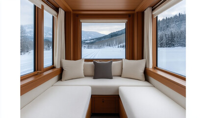 Luxurious train cabin with panoramic windows, offering stunning winter views. Cozy seating area invites relaxation amidst snowy landscapes
