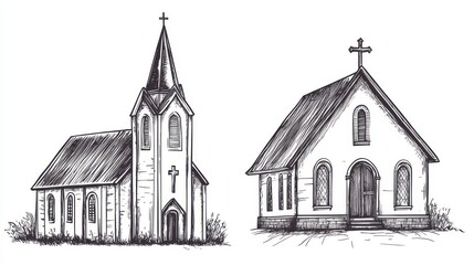 Hand Drawn Church Buildings, Vintage Architectural Vector Illustration of Religious Structures with Detailed Sketches of Cathedrals, Chapels, and Christian Landmarks in Traditional Art Style.