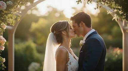 Wedding Kiss Under Floral Archway at Sunset - Romantic Moment
