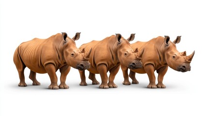 Obraz premium Three light brown rhinoceroses stand in a row against a white background. The rhinos are facing forward, showcasing their unique features and