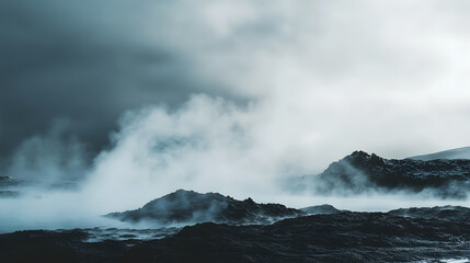 Fototapeta premium Dramatic seascape during storm, turbulent waves crashing against rocky shore, moody skies, perfect for adventure themes.