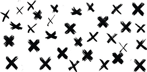 Black ink wrong signs on transparent bg. Black paint brush stroke crosses. 